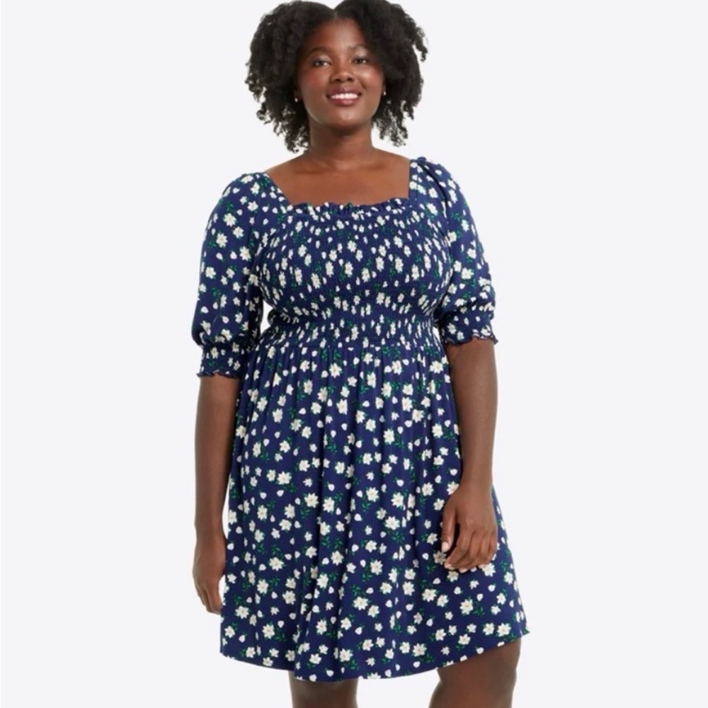 Draper James Navy Blue Floral Smocked Square-Neck Dress